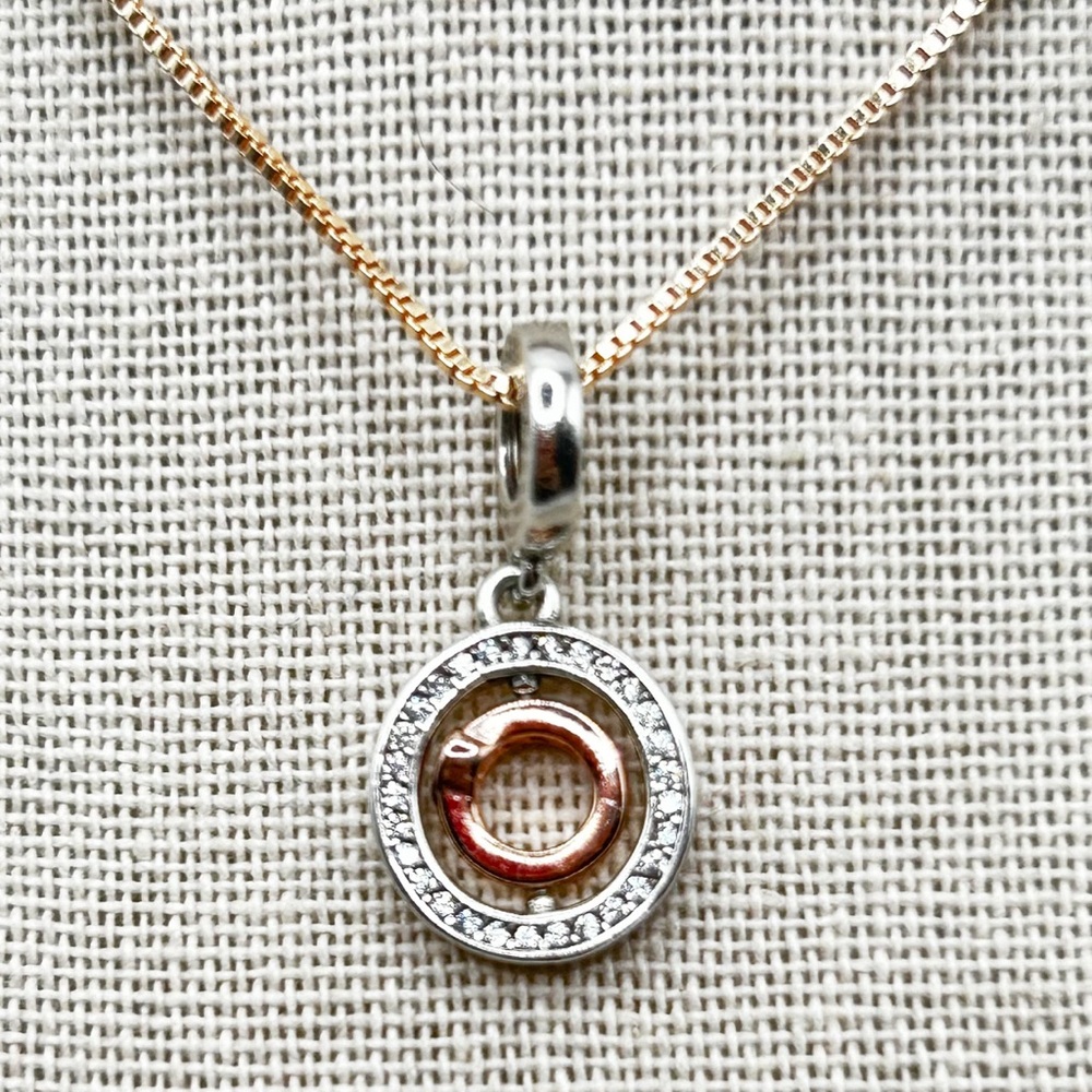 NWOT Sterling silver 18k rose gold plated circle with ring necklace pendant 18”